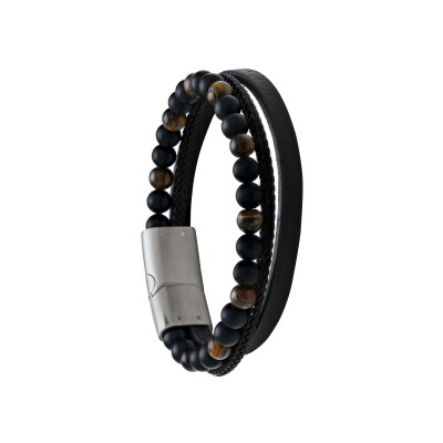 Bracelet Jourdan Bijoux Cuir en cuir, acier, onyx et oeil de tigre
