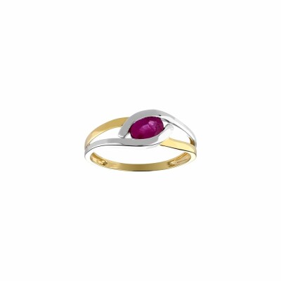 Bague bicolore croisée or blanc, or jaune et rubis