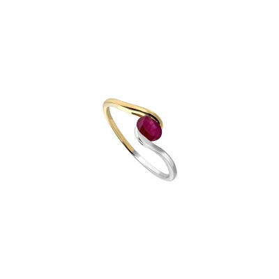 Bague en or jaune, rhodium, rubis et diamant