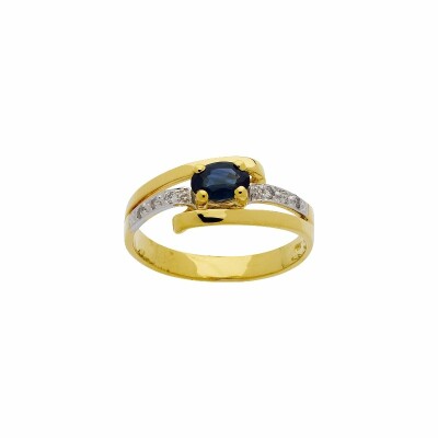 Bague en or jaune, or blanc, diamants et saphir