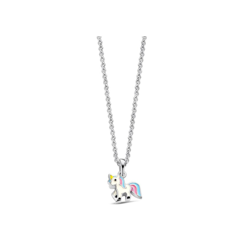 Collier Orage Kids licorne blanche bleue et rose en argent