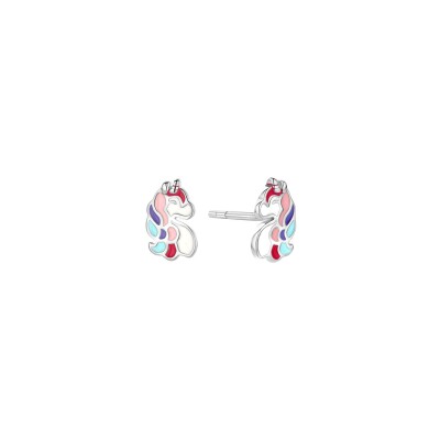 Boucles d'oreilles Orage Kids licorne en argent rhodié et émail multicolore