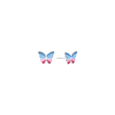 Boucles d'oreilles Orage Kids papillon en argent rhodié et émail multicolore