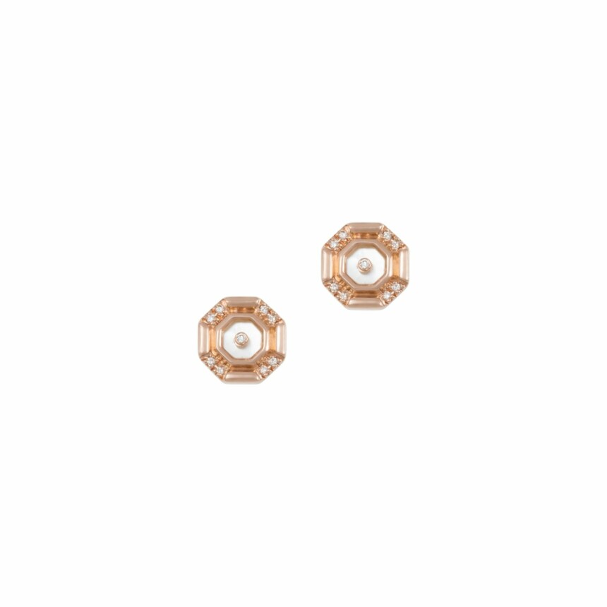 Boucles d'oreilles puces Atelier Nawbar Mini Hexagon en or rose, diamants et nacre