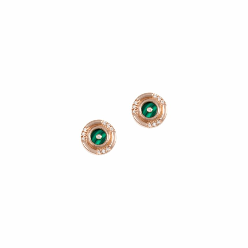 Boucles d'oreilles puces Atelier Nawbar Mini Round en or rose, diamants et malachites