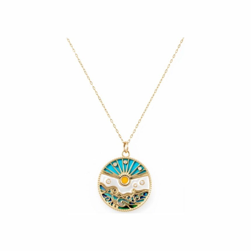 Atelier Nawbar Love Summer pendant, yellow gold, diamonds, turquoise, mother of pearl, abalone and rock crystal