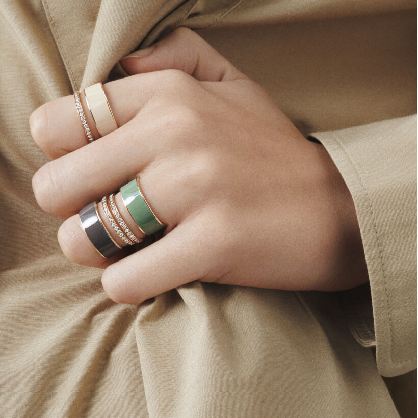 Repossi Berbère Chromatic ring, lacquered sage-green colour, 2 rows in pink gold with diamond pave