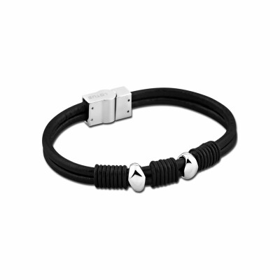 Bracelet Lotus Men Basic en acier et cuir noir