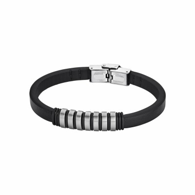 Bracelet Lotus Urban Man en acier et cuir noir