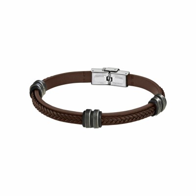 Bracelet Lotus Urban Man en acier et cuir tressé marron