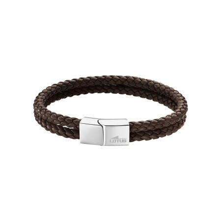 Bracelet Lotus Men Basic en acier et cuir tressé marron