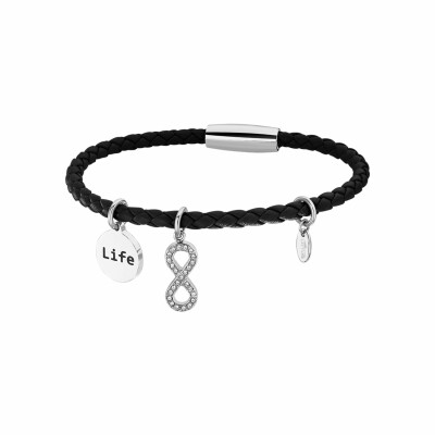 Bracelet Lotus Historique infini life en acier, cuir tressé noir et oxydes de zirconiums