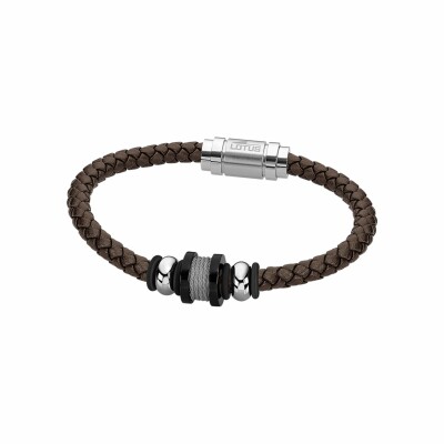 Bracelet Lotus Historique en acier et cuir tressé marron