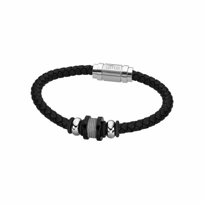 Bracelet Lotus Historique en acier et cuir tressé noir