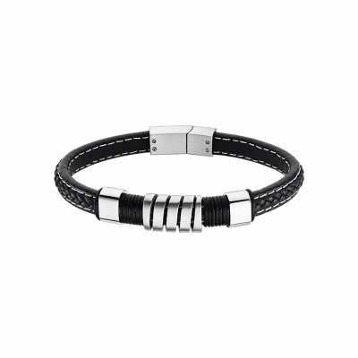 Bracelet Lotus Men Basic en acier et cuir noir