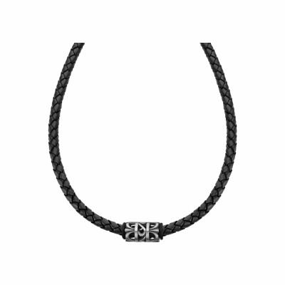 Collier Lotus Dark Style en acier et cuir tressé noir