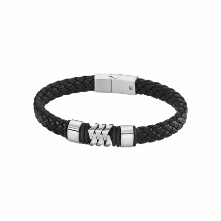 Bracelet Lotus Men Basic en acier et cuir tressé noir