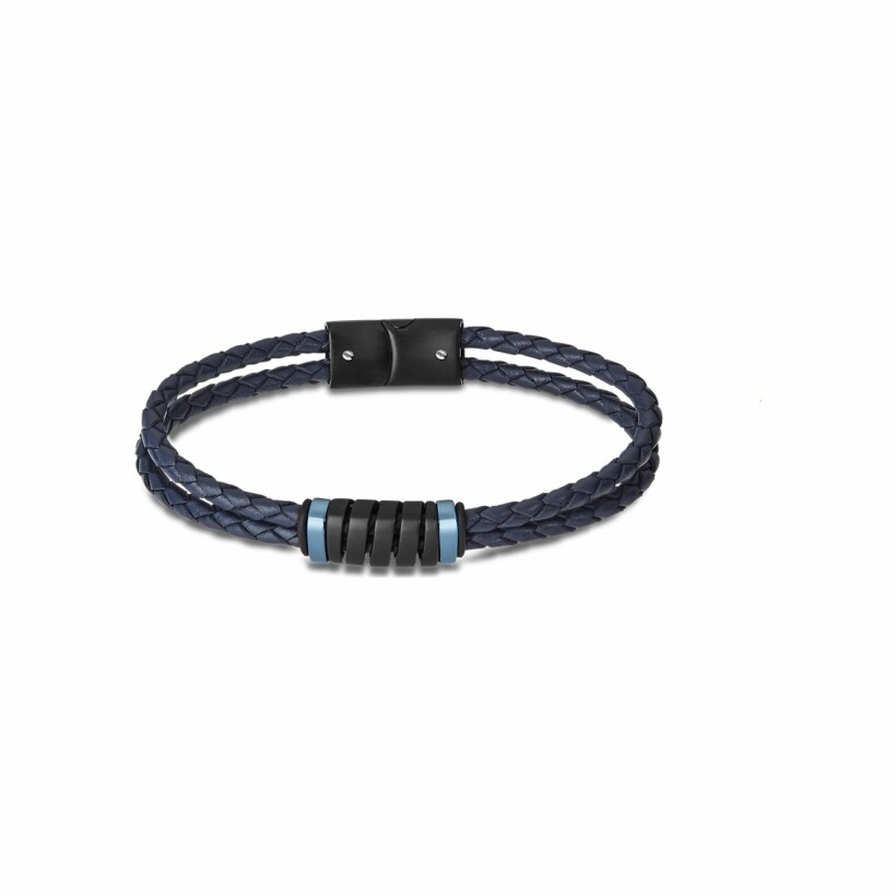 Bracelet Lotus Urban Man en acier PVD noir et cuir tressé bleu