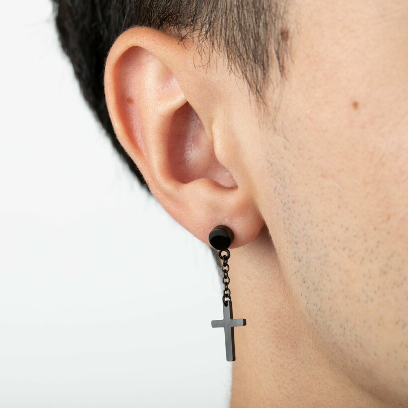 Boucles d'oreilles Lotus Men's Earrings croix noire en acier PVD noir