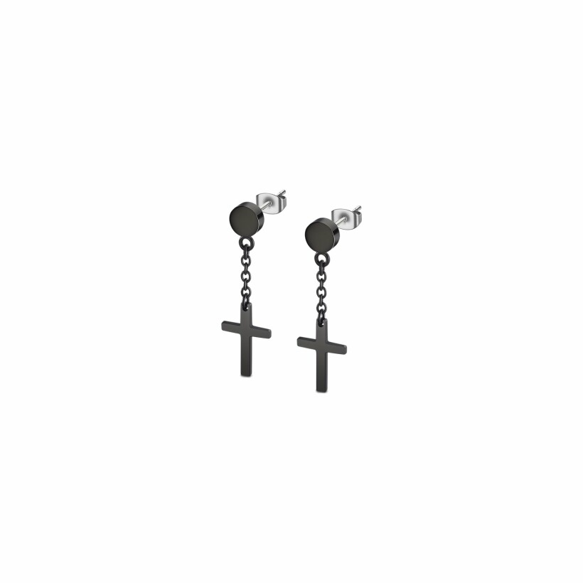 Boucles d'oreilles Lotus Men's Earrings croix noire en acier PVD noir