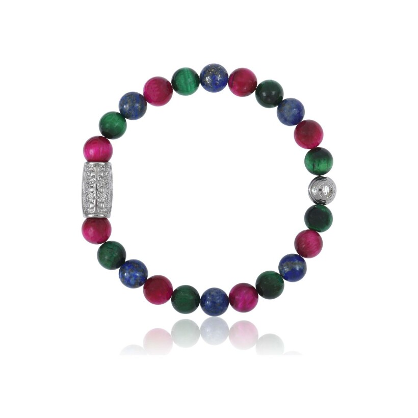Bracelet Lauren Steven Design Prosperite en œil de tigre rose, vert et lapis lazuli, taille M
