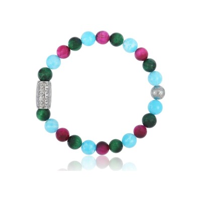 Bracelet Lauren Steven Design Prosperite en œil de tigre rose, vert et fleur du ciel, taille M