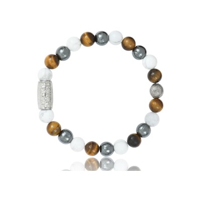 Bracelet Lauren Steven Design Prosperite en howlite blanche, hematite et œil de tigre, taille M