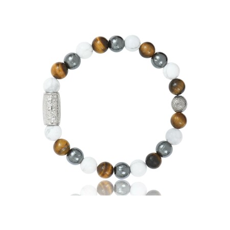 Bracelet Lauren Steven Design Prosperite en howlite blanche, hematite et œil de tigre, taille L