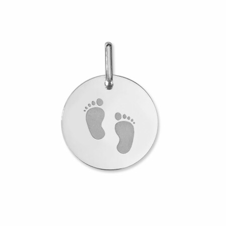 Médaille ronde , empreintes de pieds en or blanc