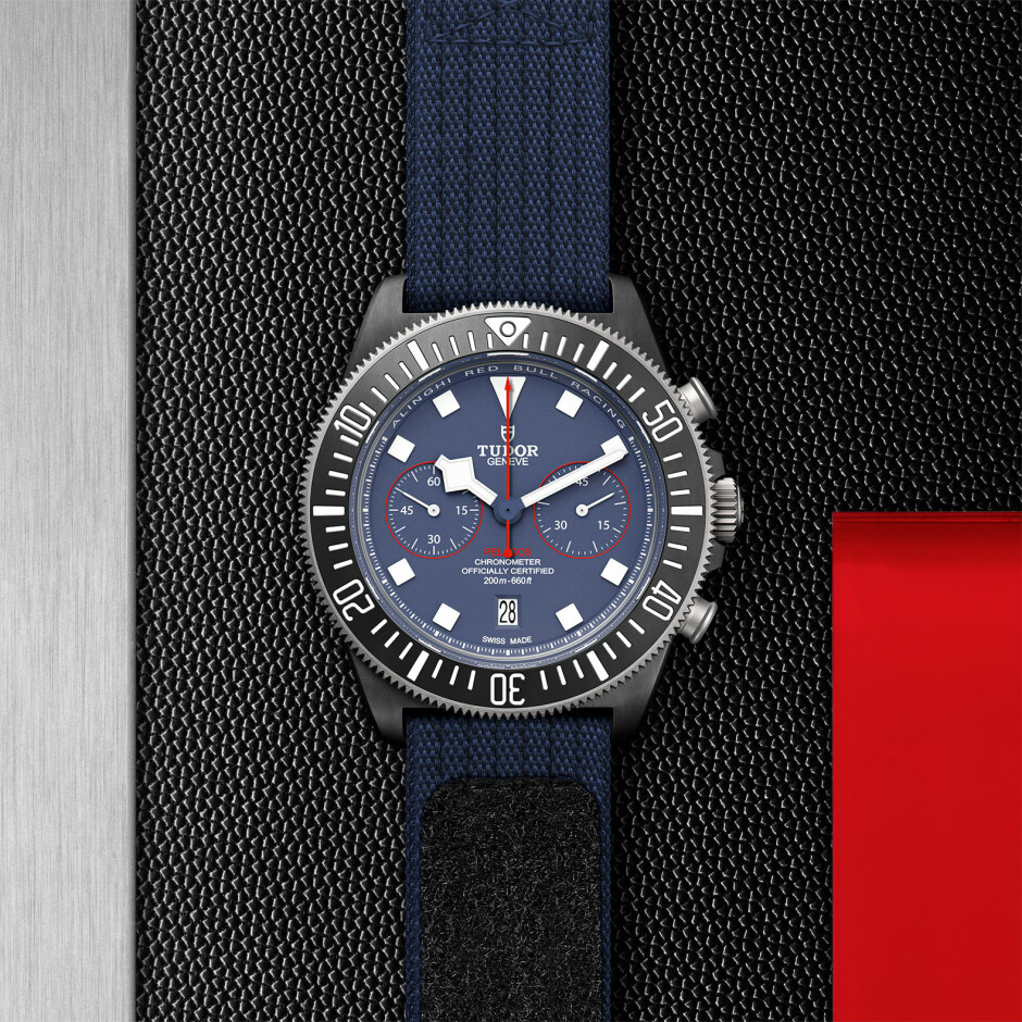 TUDOR Pelagos FXD Chrono watch, titanium bezel black carbon insert, fabric strap