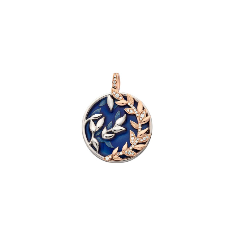 Médaille Arthus Bertrand Fabula en or rose satiné, or blanc, laque bleue et diamants