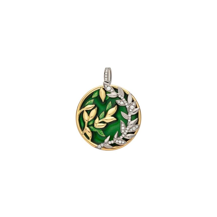 Arthus Bertrand Fabula medal, satin yellow gold, white gold, green lacquer and diamonds