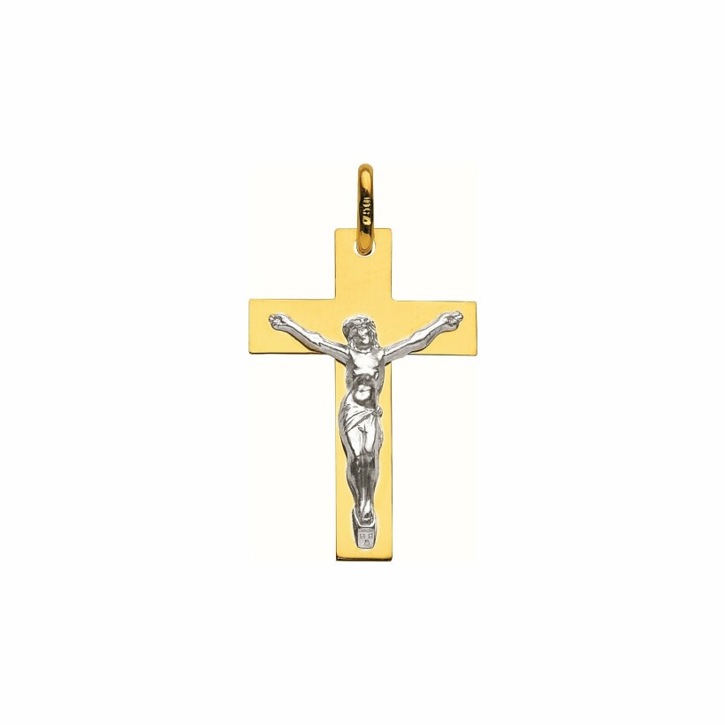 Médaille Augis Croix Christ en or jaune et or blanc, 24x16mm