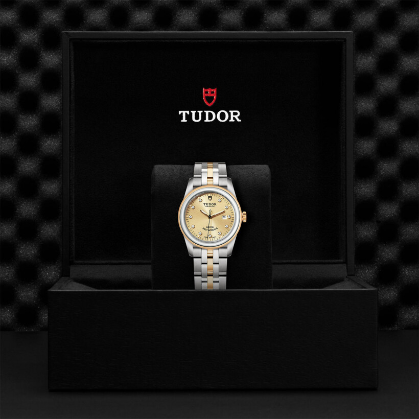 TUDOR Glamour Date watch, 31 mm steel case, diamond-set dial