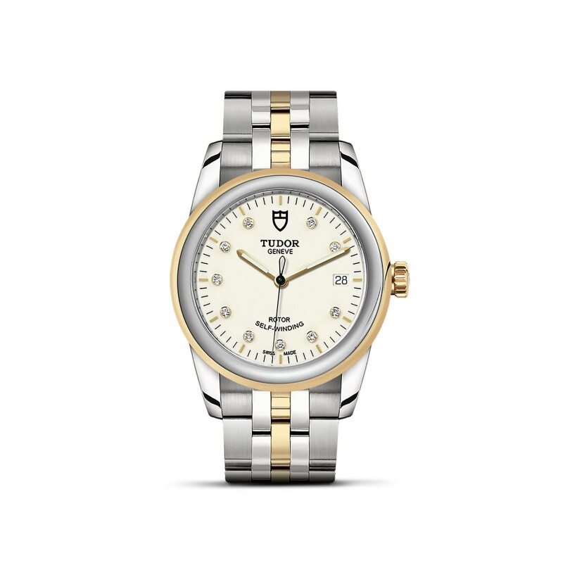 TUDOR Glamour Date watch, 36 mm steel case, diamond-set dial