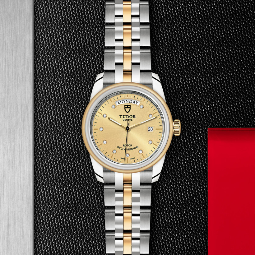 TUDOR Glamour Date+Day watch, 39 mm steel case, diamond-set dial