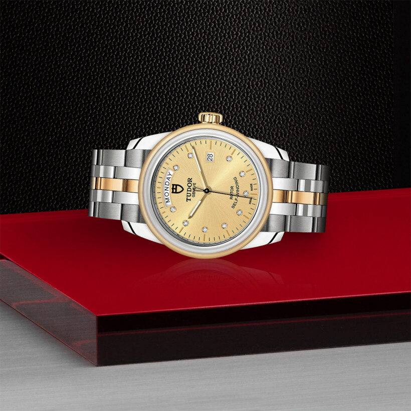 TUDOR Glamour Date+Day watch, 39 mm steel case, diamond-set dial