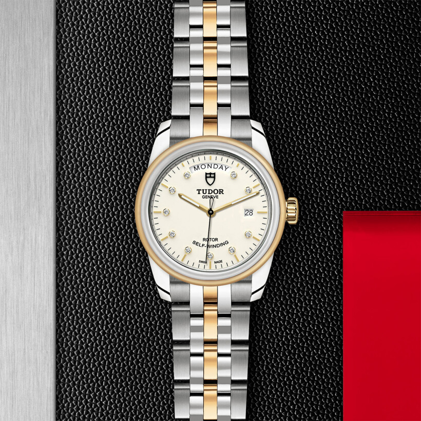 TUDOR Glamour Date+Day watch, 39 mm steel case, diamond-set dial