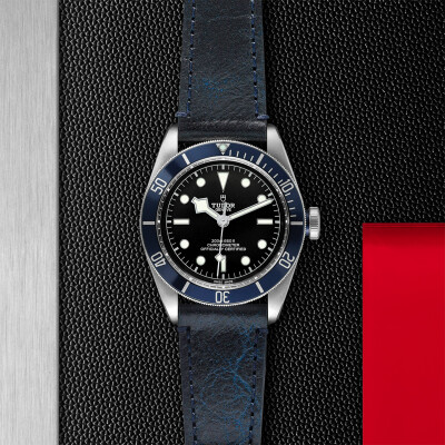 TUDOR Black Bay watch, 41 mm steel case, aged leather strap