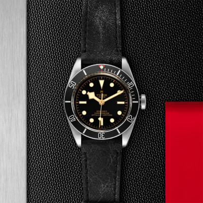 TUDOR Black Bay watch, 41 mm steel case, aged leather strap