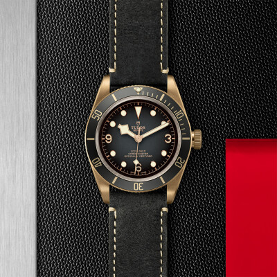 TUDOR Black Bay Bronze watch, 43 mm bronze case, black leather strap