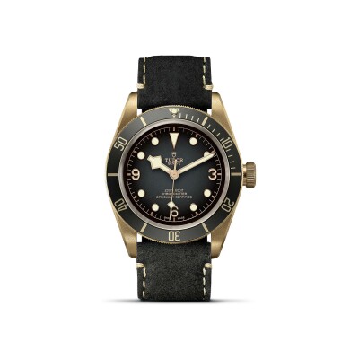 TUDOR Black Bay Bronze watch, 43 mm bronze case, black leather strap