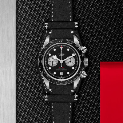 TUDOR Black Bay Chrono watch, 41 mm steel case, black leather bracelet