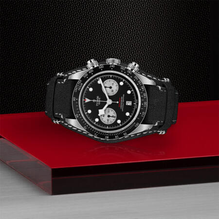 TUDOR Black Bay Chrono watch, 41 mm steel case, black leather bracelet