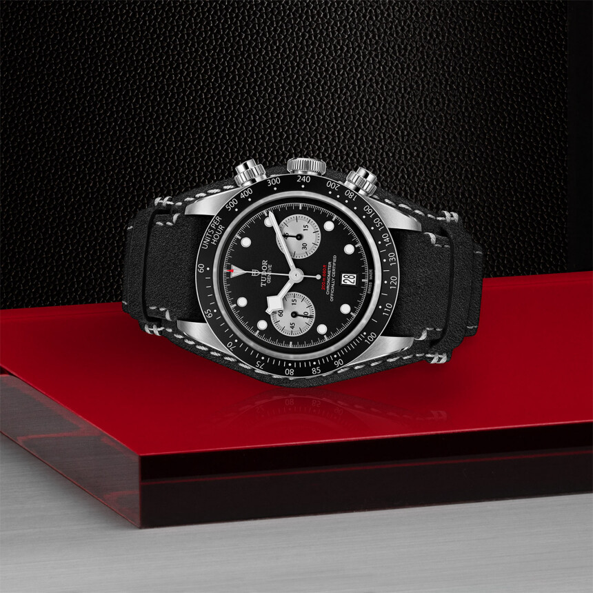 TUDOR Black Bay Chrono watch, 41 mm steel case, black leather bracelet