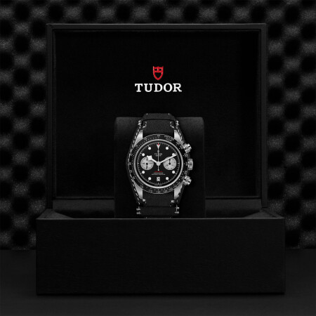 TUDOR Black Bay Chrono watch, 41 mm steel case, black leather bracelet