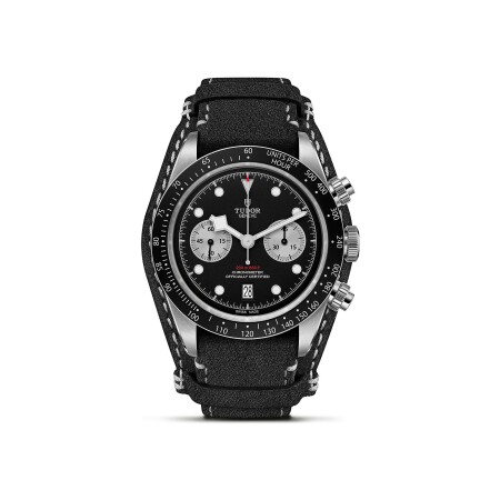 TUDOR Black Bay Chrono watch, 41 mm steel case, black leather bracelet