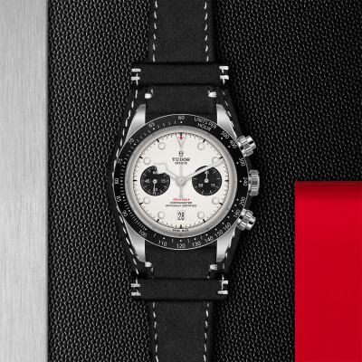 TUDOR Black Bay Chrono watch, 41 mm steel case, black leather bracelet