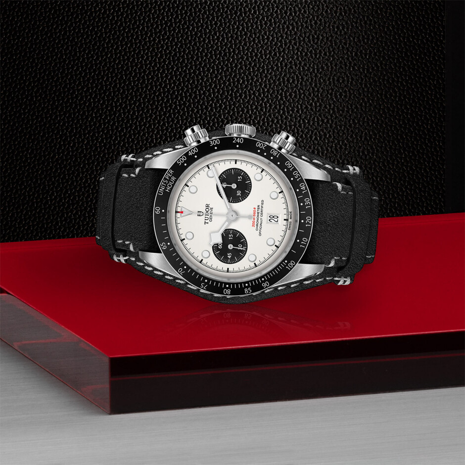 TUDOR Black Bay Chrono watch, 41 mm steel case, black leather bracelet