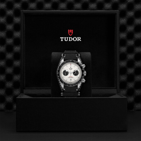 TUDOR Black Bay Chrono watch, 41 mm steel case, black leather bracelet